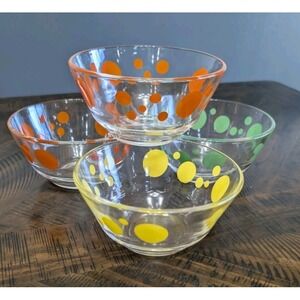 Vintage Polka Dot Glass Dessert Bowls Set of 4 Orange Yellow Green MCM Retro